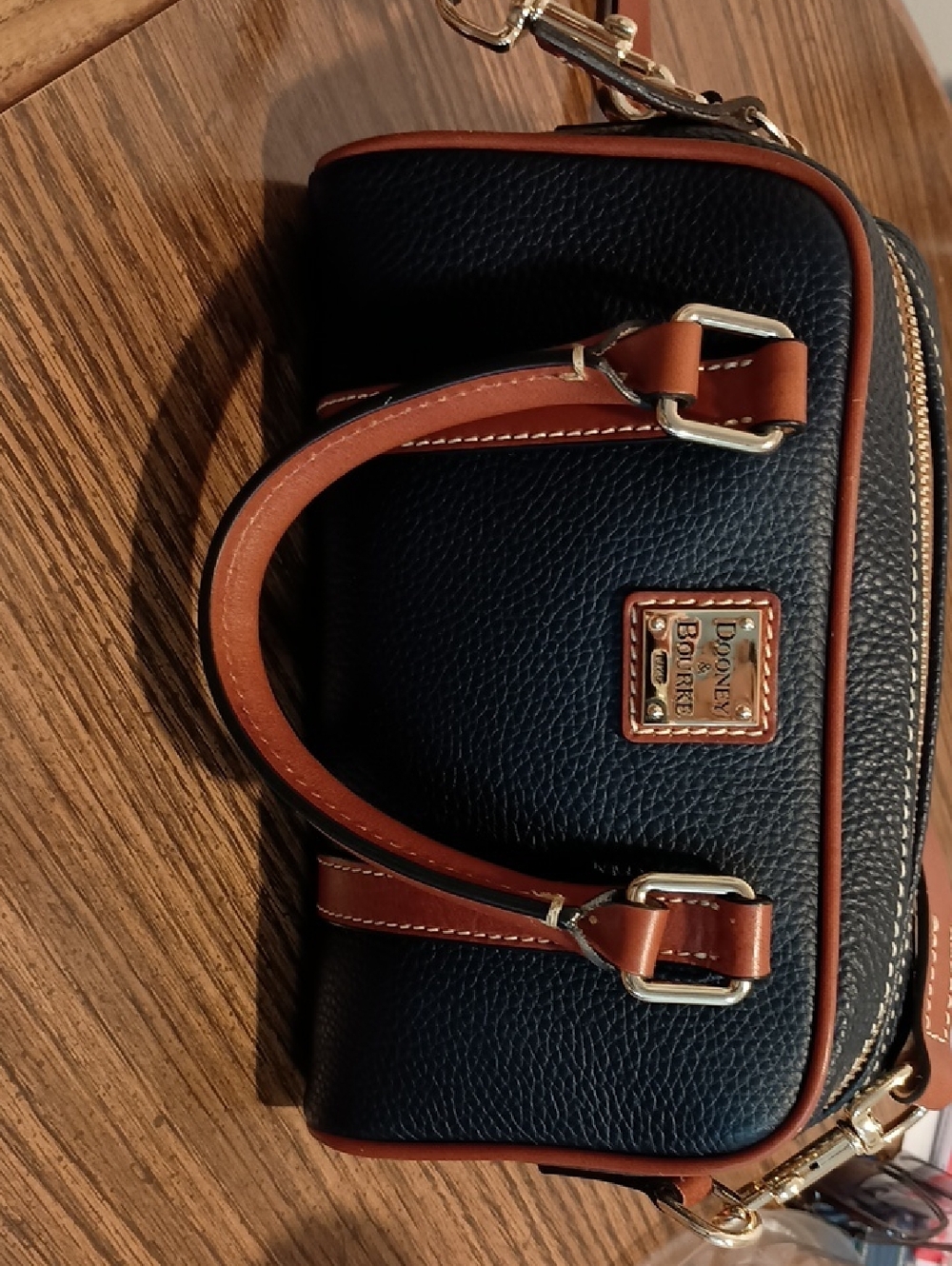 Dooney & Bourke Black Pebbled Leather Mini Satchel with Brown Trim